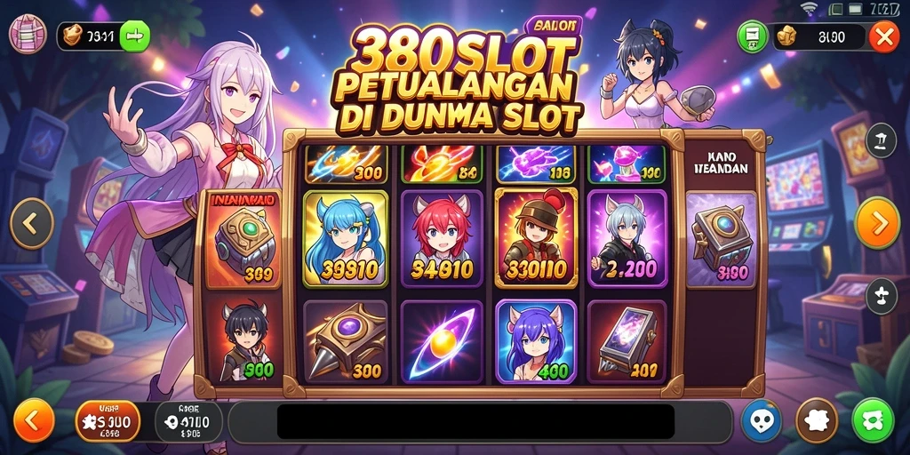 Screenshot utama 380SLOT menampilkan gameplay slot dengan karakter anime.