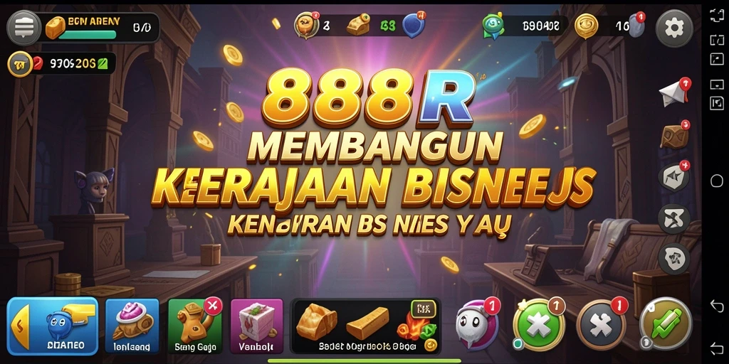 Tampilan gameplay <strong>888R</strong> yang menampilkan membangun kerajaan bisnis.