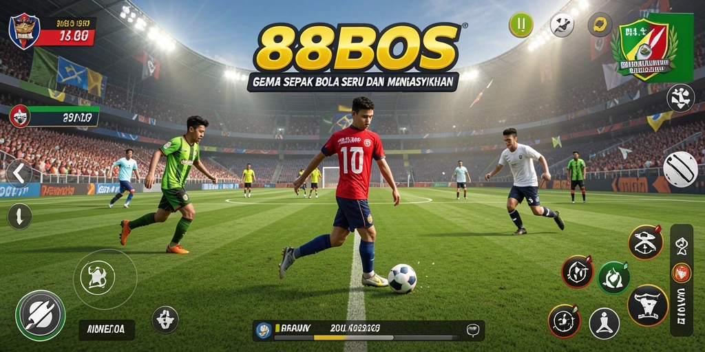Screenshot utama dari gameplay 88BOS menampilkan aksi seru di lapangan sepak bola.