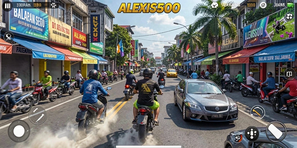 Tangkapan layar gameplay ALEXIS500 menampilkan aksi balapan yang mendebarkan di jalanan.