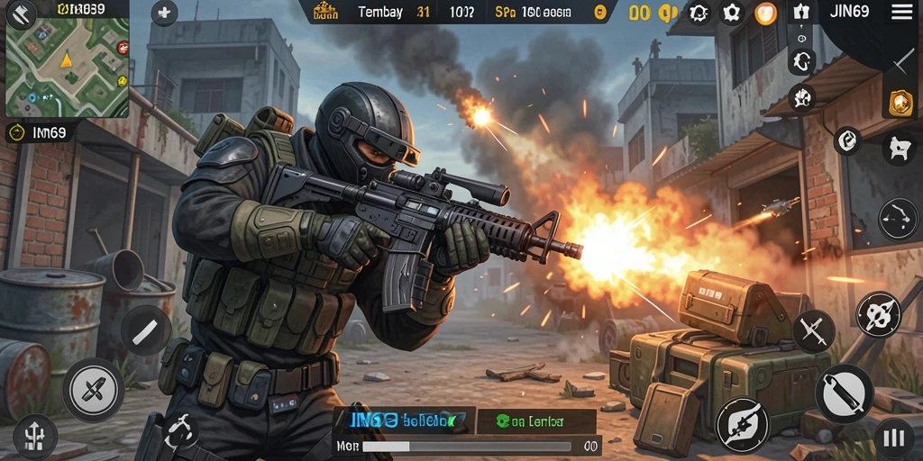 Tampilan gameplay seru dan mendebarkan dari JIN69 dalam aksi tembak-menembak.