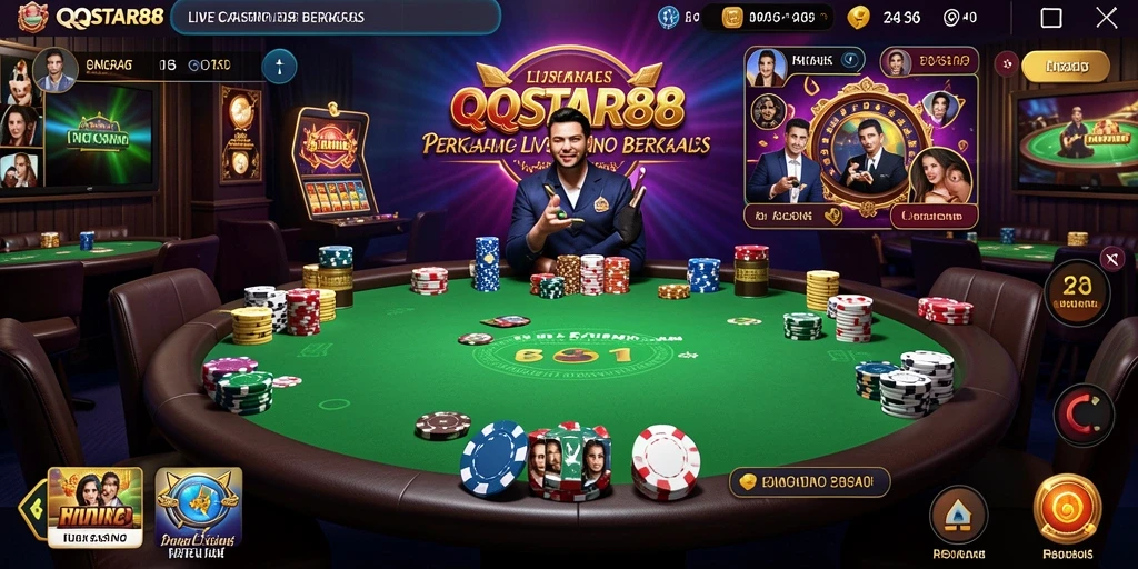 Screenshot gameplay Live Casino di QQSTAR88 yang menunjukkan dealer profesional.