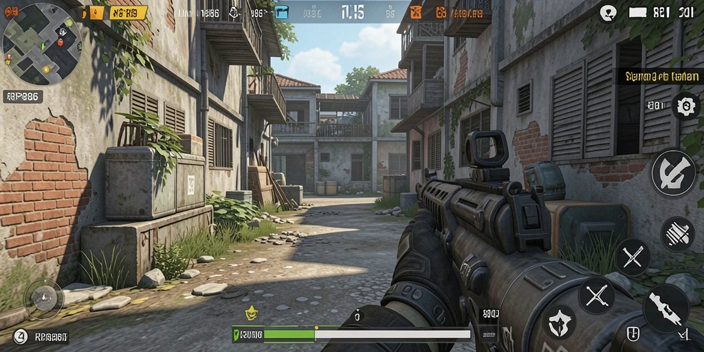 Screenshot gameplay RP886 menampilkan aksi pertempuran intens dalam mode FPS.