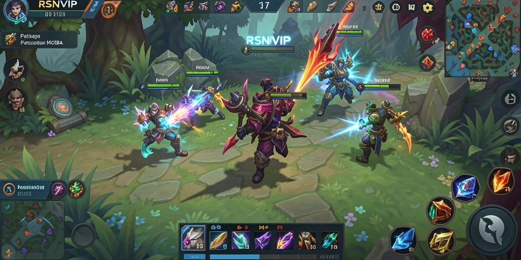 Screenshot gameplay RSNVIP menampilkan pertempuran seru dalam arena.